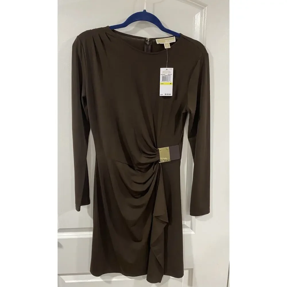 Michael Kors Faux Wrap Dress Brown Gold MK Buckle NWT M